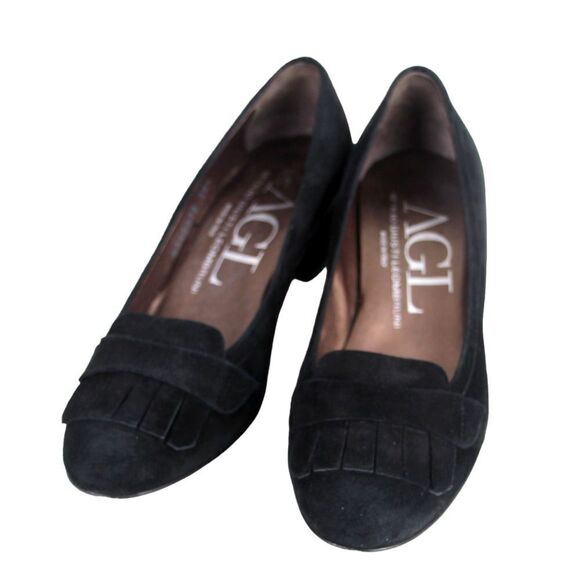 AGL Italy BLACK GENUINE LEATHER SUEDE MID HEEL ROUND TOE PUMP WOMEN'S SHOES 36.5 - Picture 3 of 12